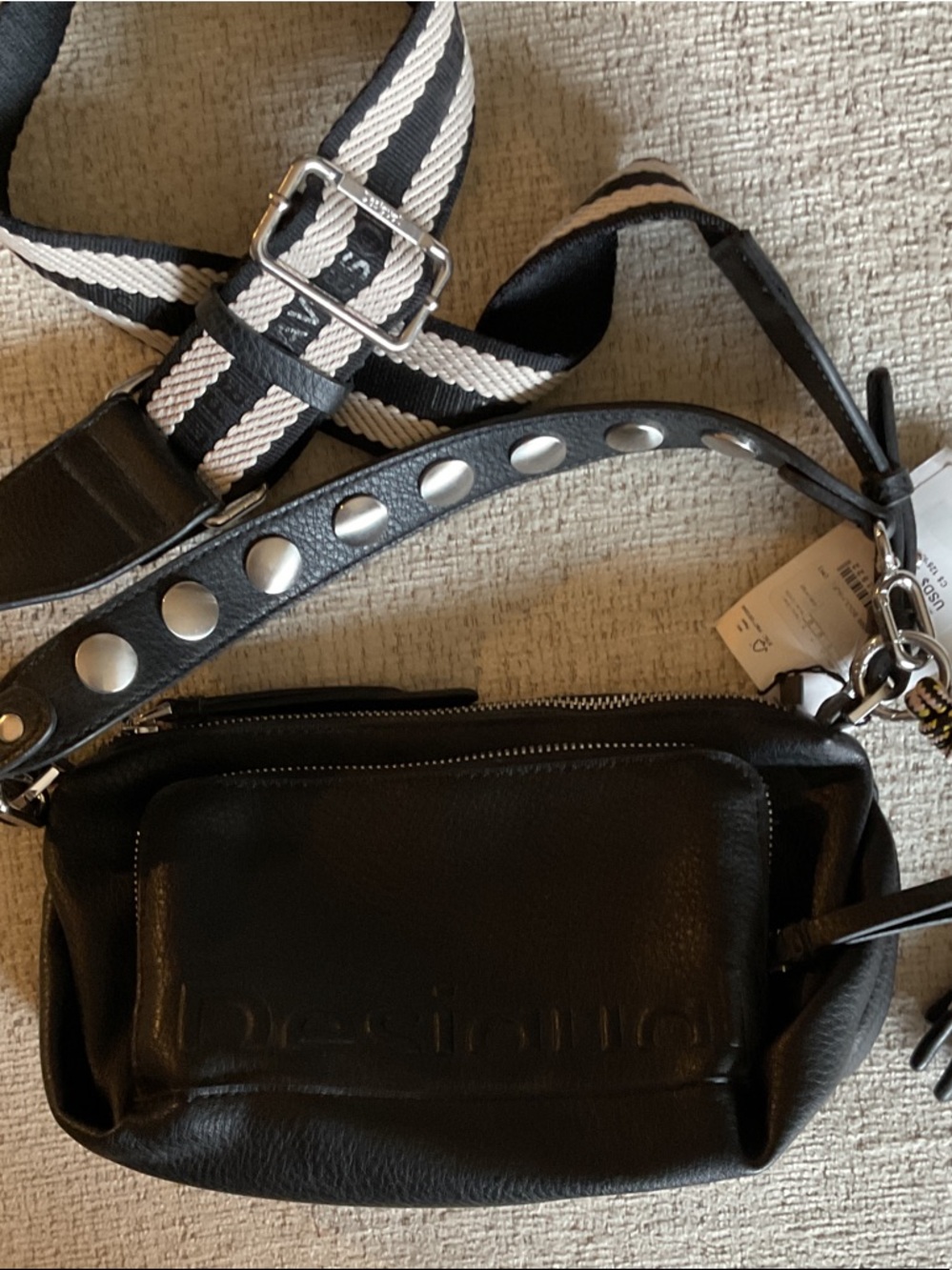 Desigual Half Logo Urus Black Leather Crossbody with Studs and Striped Strap NWT